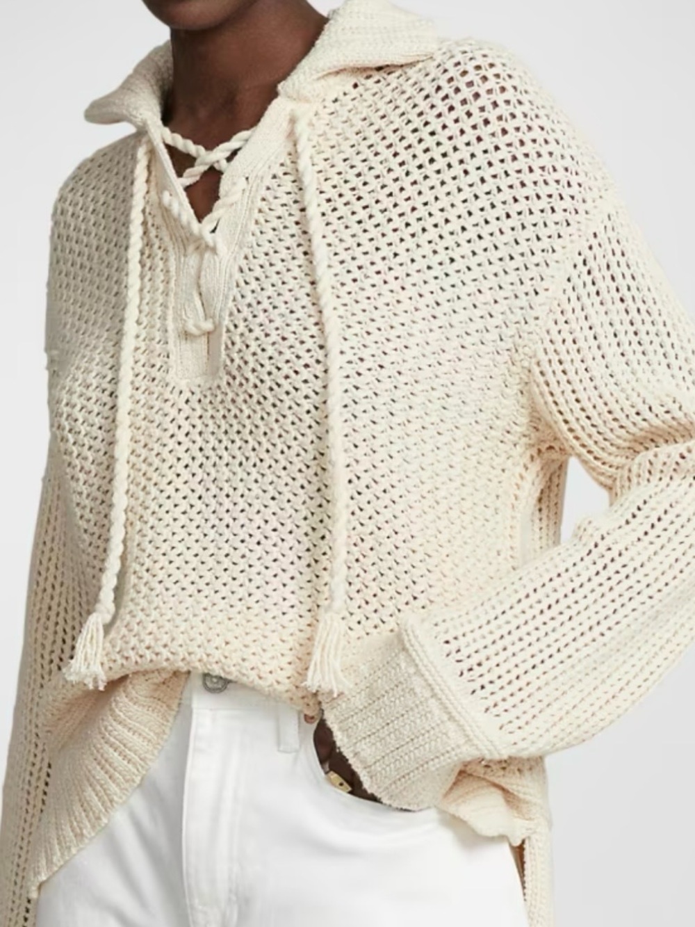 Polo by Ralph Lauren Cream Open-Knit Lace-Up Sweater.